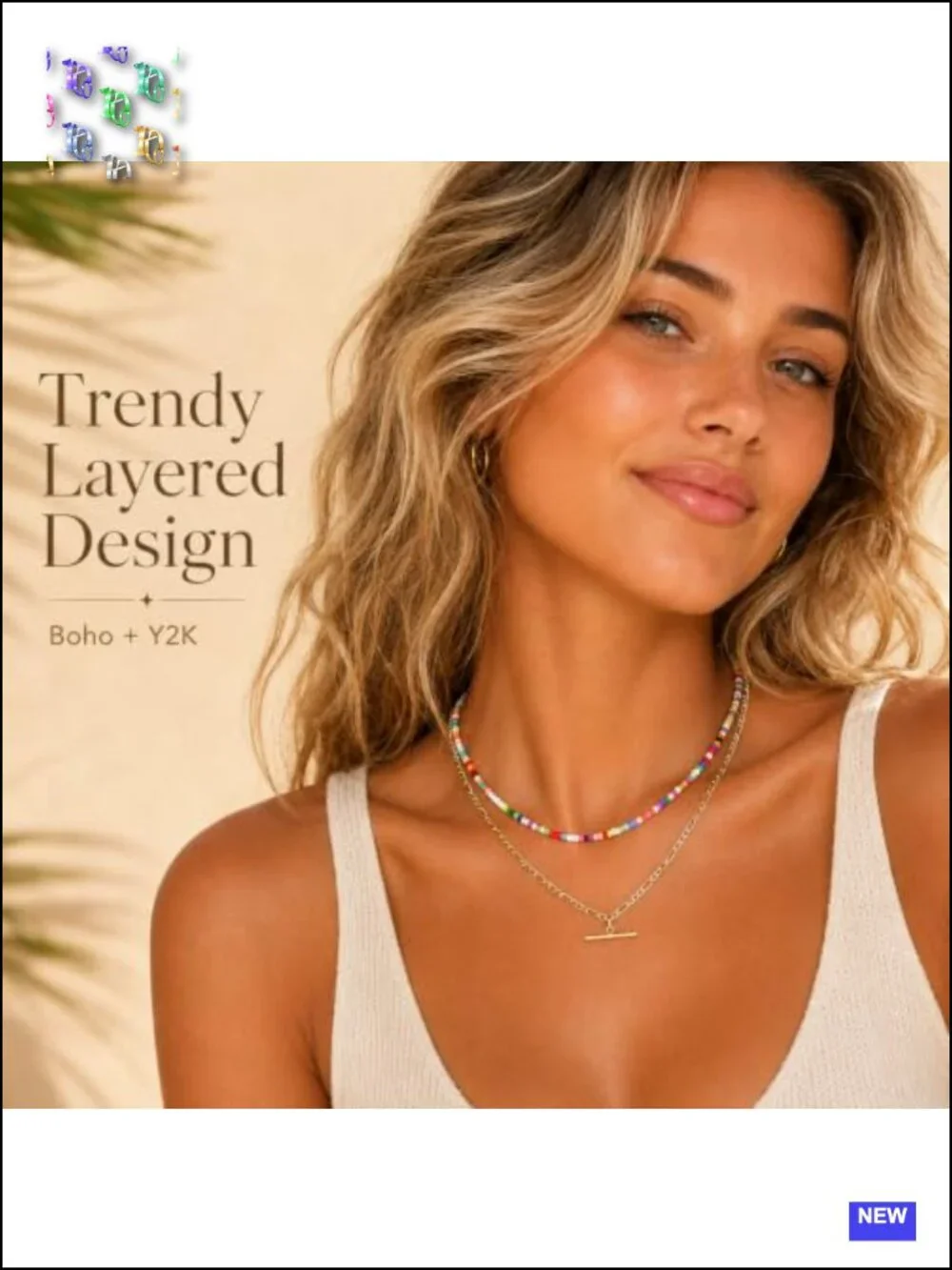 Seed Beaded Layered Necklace Set 14K Gold Plated Figaro Chain Bar Pendant